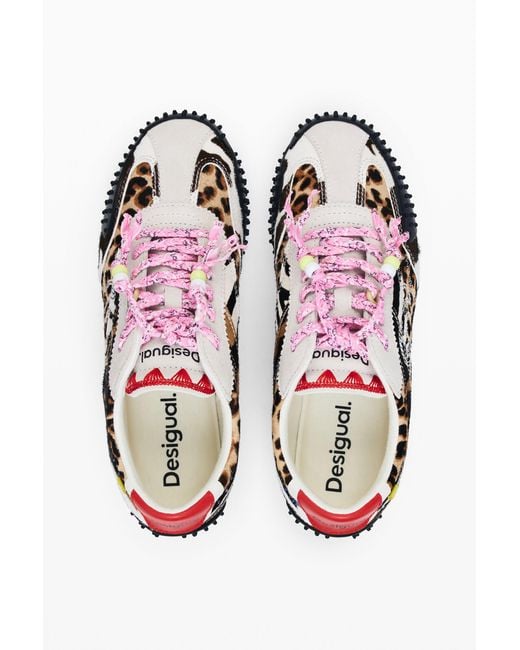 Desigual Black Patchwork Animal Print Sneakers, Cow Leather