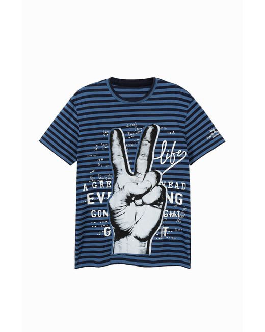 Desigual Blue Striped T-shirt With Illustration And Messages for men
