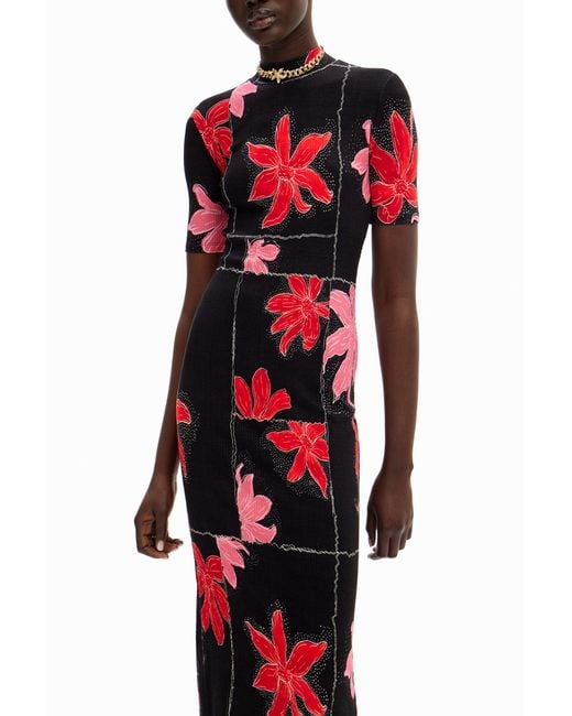 Desigual Red Ribbed Floral Midi Dress, Viscose
