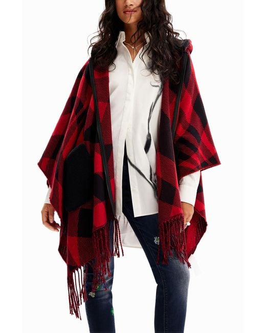 Desigual Red Plaid Hooded Poncho, Polyester