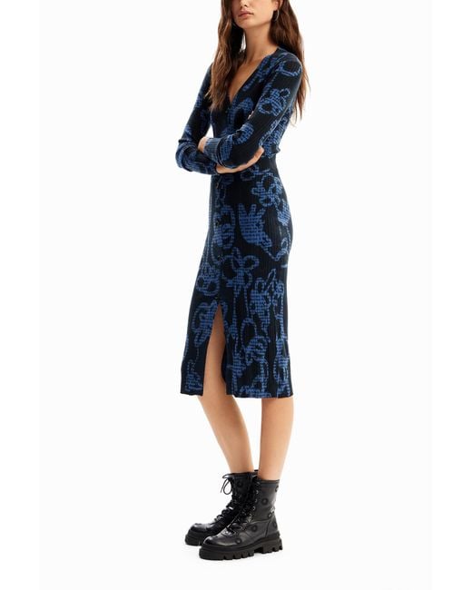Desigual Blue Floral Knit Midi Dress