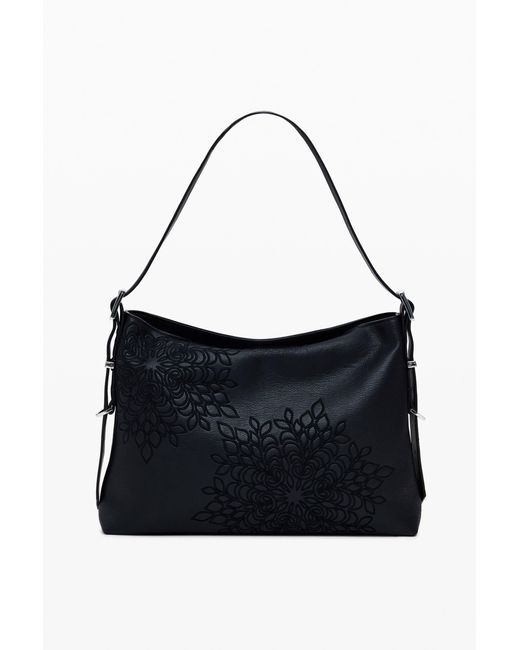 Desigual Black Medium Embroidered Faux Leather Bag, Polyurethane