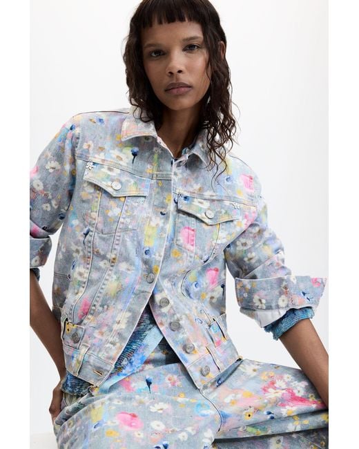 Desigual Blue Printed Denim Jacket, Cotton
