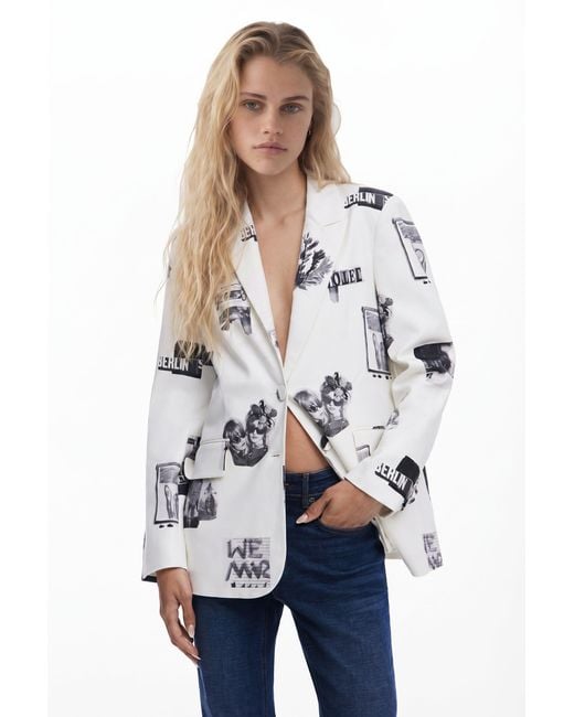 Desigual White Collage Blazer, Cotton