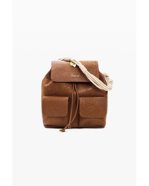 Desigual Brown Small Embroidered Backpack, Polyurethane