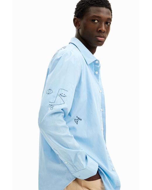 Desigual Blue Embroidered Details Shirt, Cotton for men