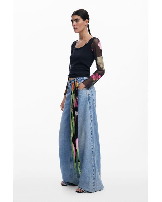 Desigual Blue T-Shirt With Printed Sleeves