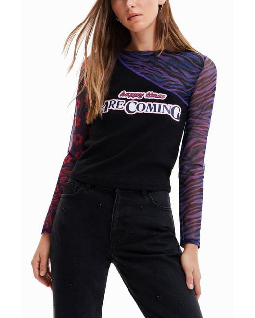 Desigual Blue Patchwork Tulle T-Shirt With Message