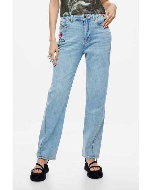 Desigual Red Straight Floral Jeans, Cotton