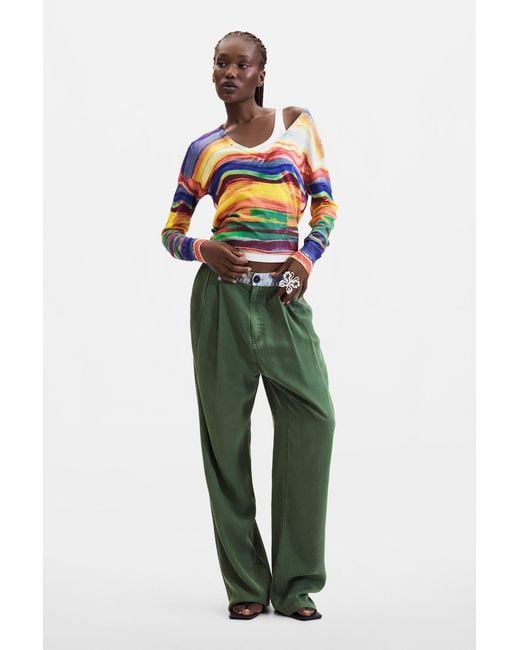 Desigual Yellow Fine Knit Printed Sweater