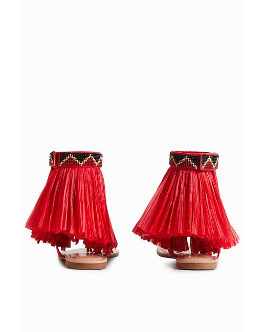 Desigual Red Stella Jean Fringed Flat Sandal, Polyester