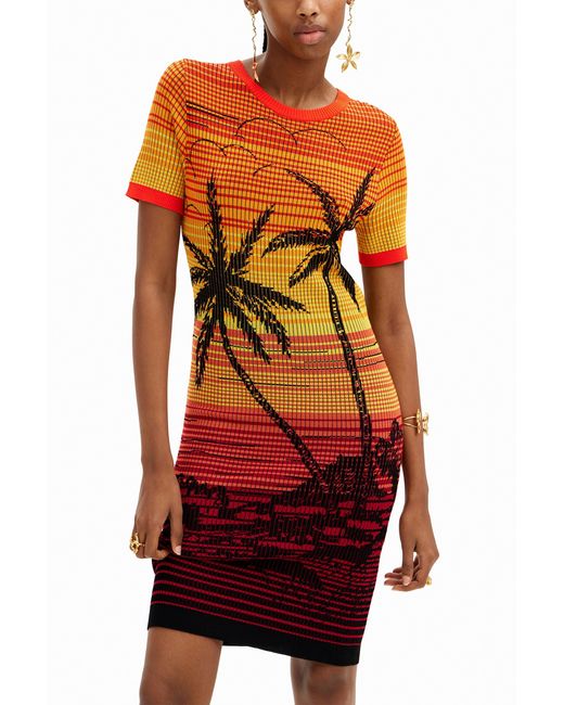Desigual Red Short Knit Palm Tree Dress