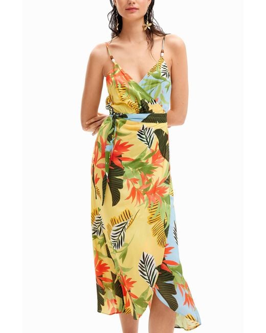 Desigual Yellow Tropical Wrap Midi Dress, Viscose