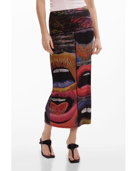 Desigual White Printed Knit Skirt, Viscose