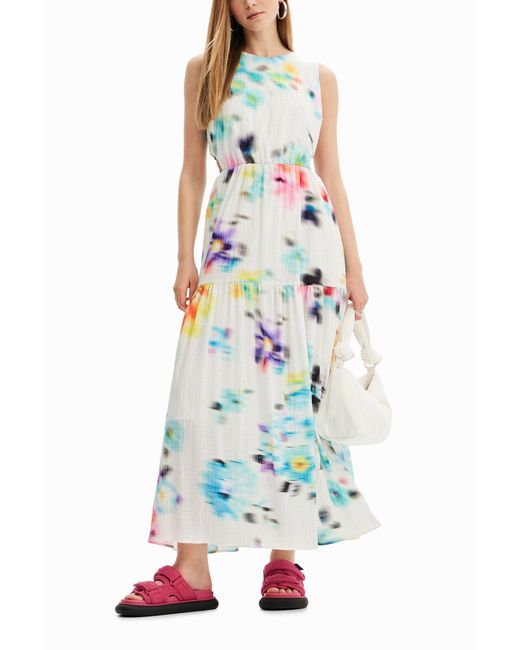 Desigual White Long Blurry Cut-Out Dress, Polyester