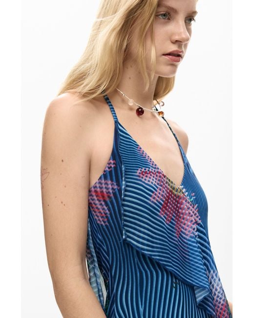 Desigual Blue Pixelated Ruffle Dress, Polyester