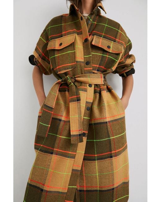 Desigual Brown Long Coat Tartan
