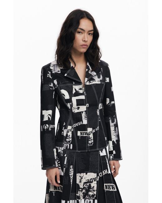 Desigual Black Newspaper Zipper Blazer, Cotton