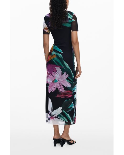 Desigual Black Watercolor Floral Fitted Dress, Polyester