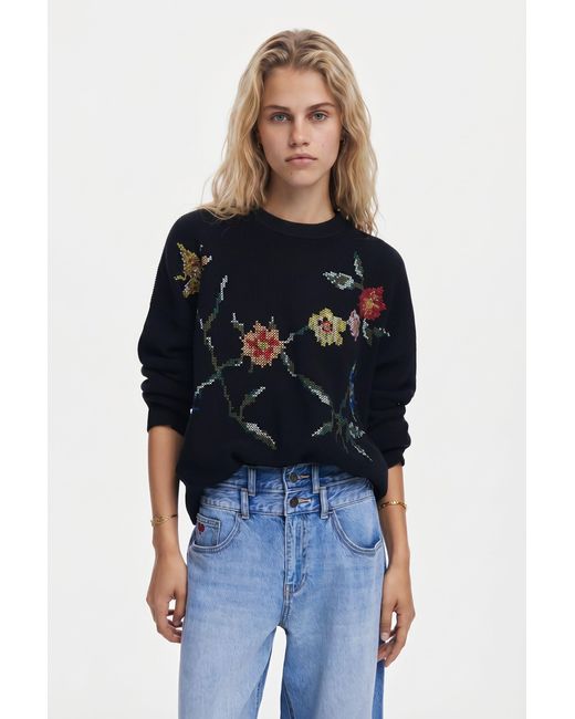 Desigual Black Embroidered Flower Sweatshirt, Cotton