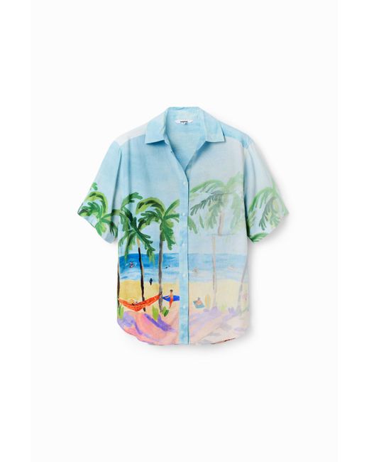 Camisa Lino Oversize Tropical Desigual de color Blue