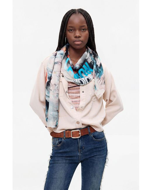 Desigual Gray Rectangular Patterned Foulard, Viscose
