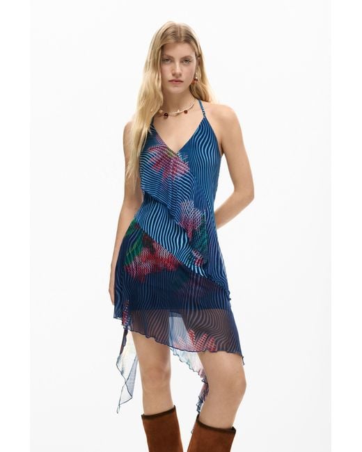 Desigual Blue Pixelated Ruffle Dress, Polyester