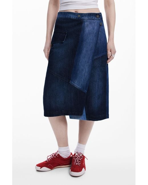 Desigual Blue Crossed Denim Midi Skirt, Cotton