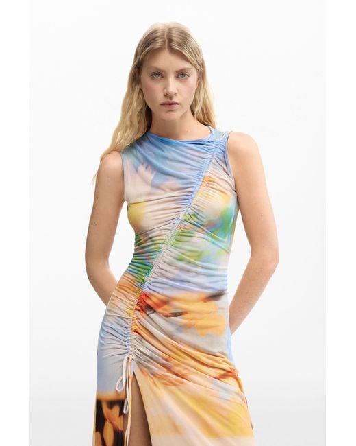 Desigual White Draped Long Dress, Polyester