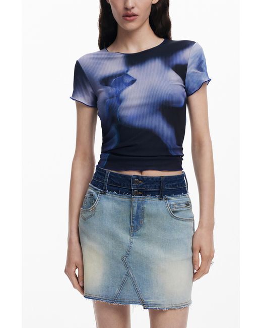 Desigual Blue Double Waist Denim Skirt, Cotton
