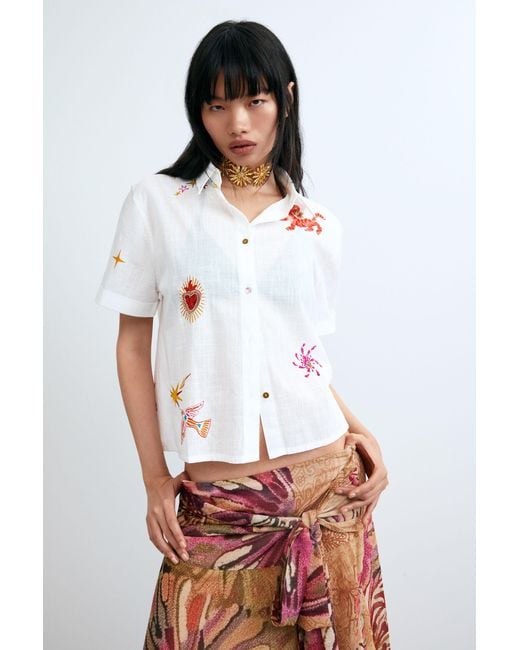 Desigual White Embroidered Short-Sleeve Shirt, Cotton