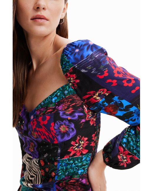 Desigual Blue Patchwork Corset Blouse, Viscose