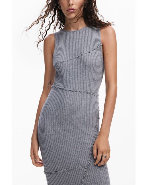 Desigual White Ribbed Long Dress