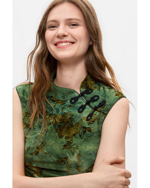 Desigual Green Printed Flocked Top, Polyester