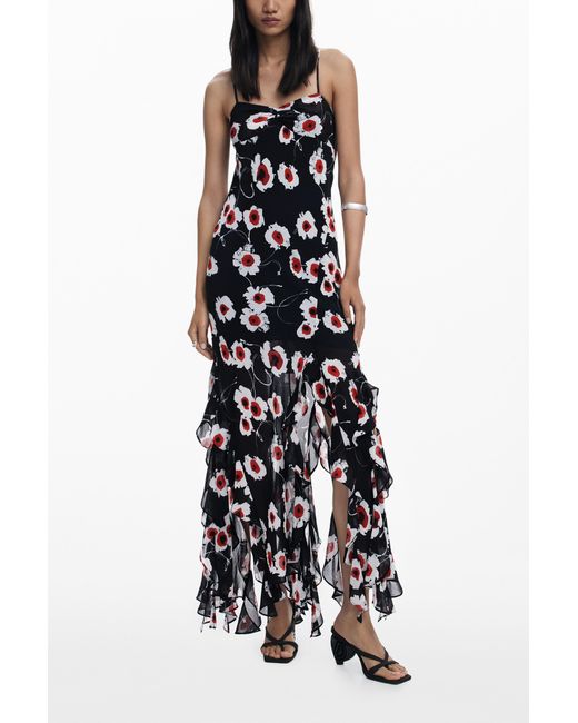 Desigual White Poppy Ruffle Midi Dress, Polyester