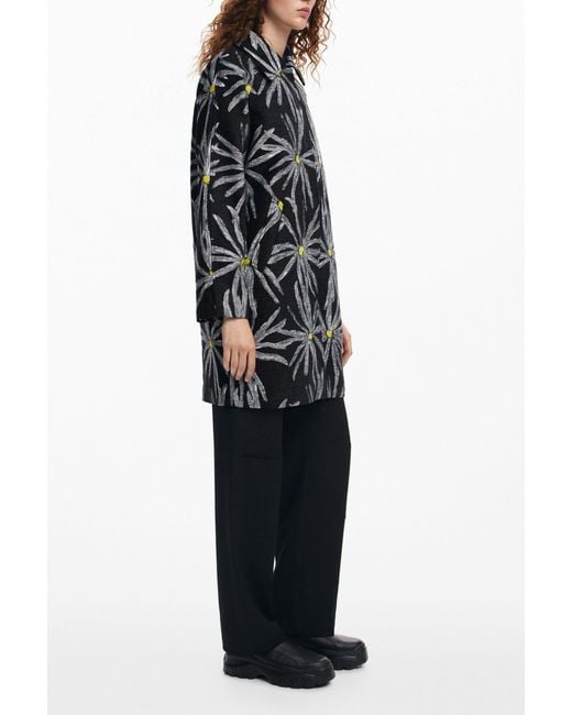 Desigual Black Daisy Print Coat, Polyester