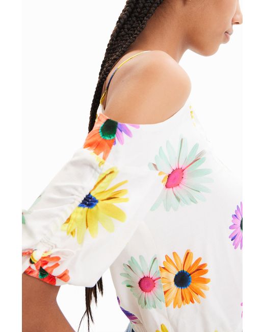 Desigual White Short Gathered Floral Blouse, Viscose
