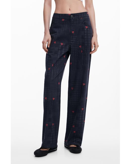 Desigual Blue Checkered And Cherry Pants, Cotton