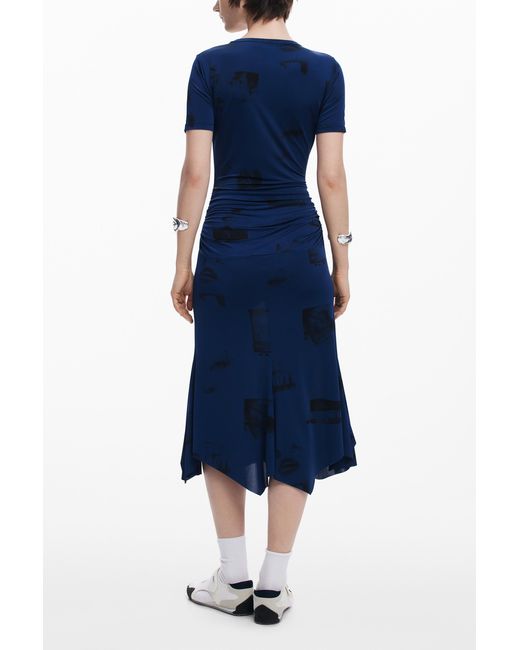 Desigual Blue Asymmetric Postcard Dress, Polyester