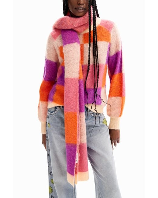 Desigual White Long Checkered Scarf