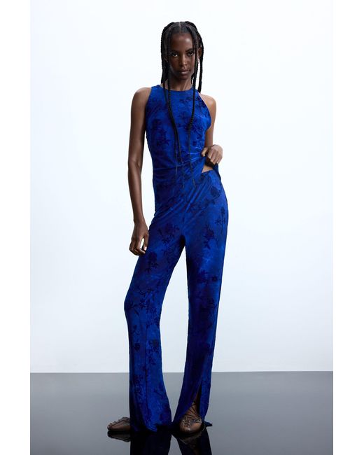 Desigual Blue Flocked Strappy T-Shirt, Polyester