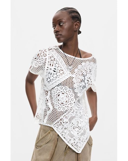 Desigual White Asymmetric Crochet T-Shirt