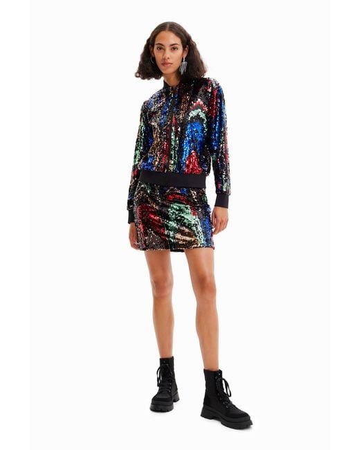 Desigual Blue Sequin Bomber Jacket, Polyester