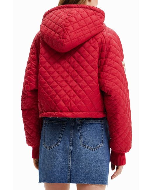 Desigual Red Padded Hoodie With Patches, Polyamide