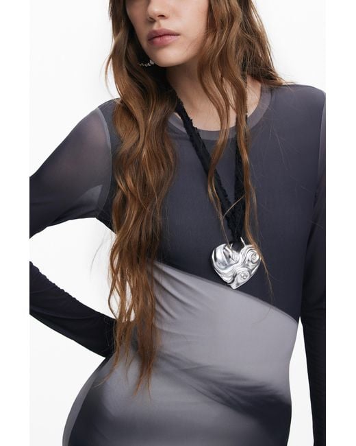 Desigual Blue Long Portrait Dress, Polyester