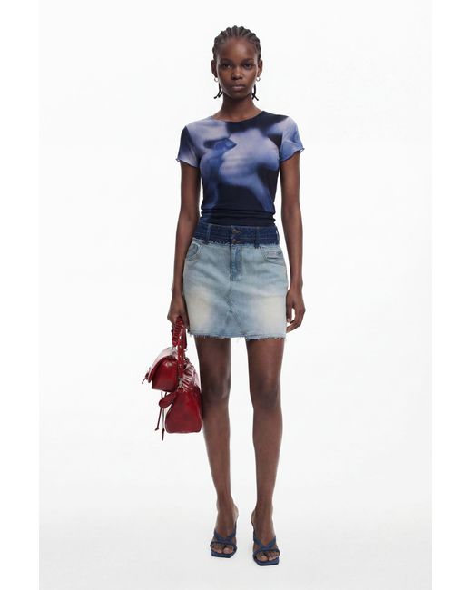 Desigual Blue Double Waist Denim Skirt, Cotton