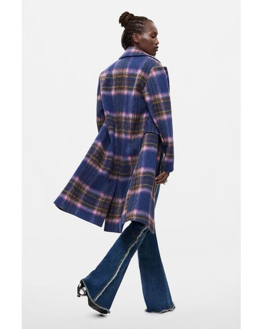 Desigual Blue Long Checkered Coat