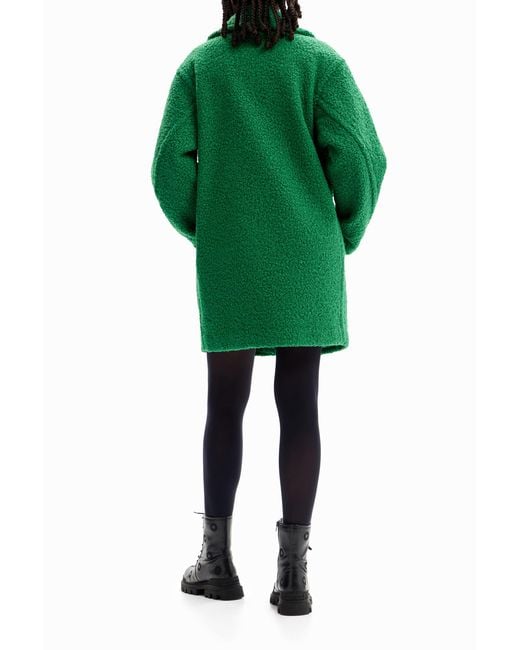 Desigual Green Double-Breasted Bouclé Coat, Polyester