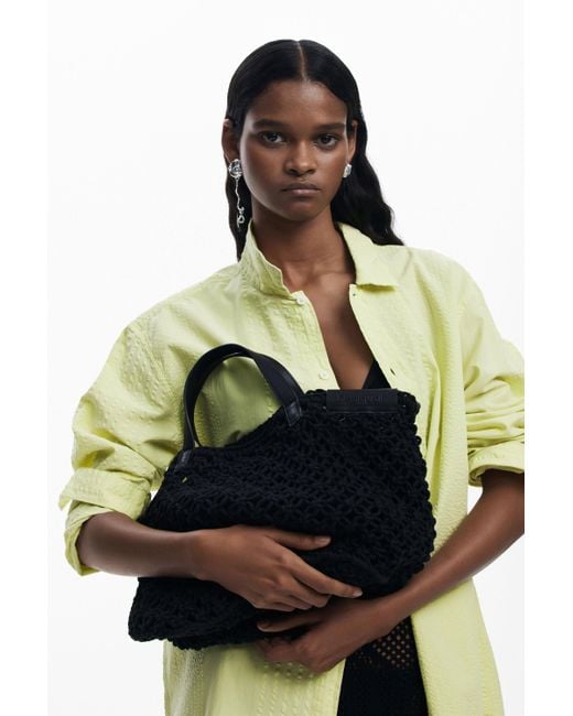 Desigual Black Large Crochet Shopper Bag