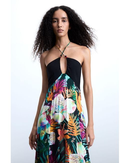 Desigual White Long Tropical Dress, Viscose